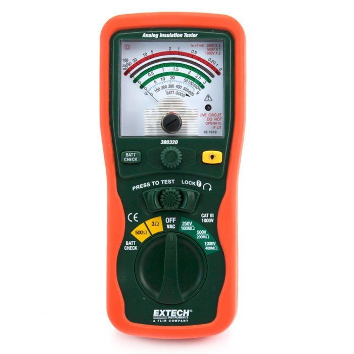 Extech 380320 analogový tester izolačního odporu s rozsahem 0-500 Ω a zkušebním napětím 1000 V