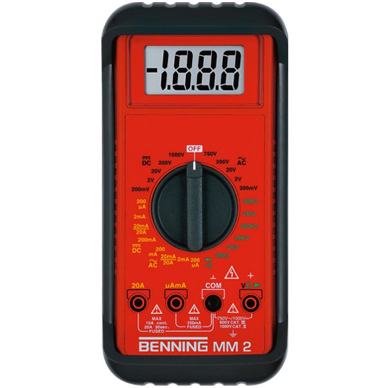 Benning MM 2 digitální multimetr s LCD displejem, gumovým ochranným rámem a měřicími kabely