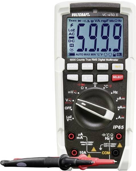 Voltcraft VC-450 E digitální multimetr s ochranou IP65, gumovým rámem a LED svítilnou