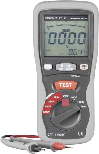 Voltcraft ET-100 tester izolací s LCD displejem, měřicími kabely a pouzdrem