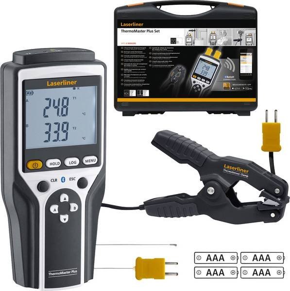 Laserliner ThermoMaster Plus Set - digitálny teplomer s Bluetooth, LC displejom, duálnymi vstupmi K-Type a meracou svorkou