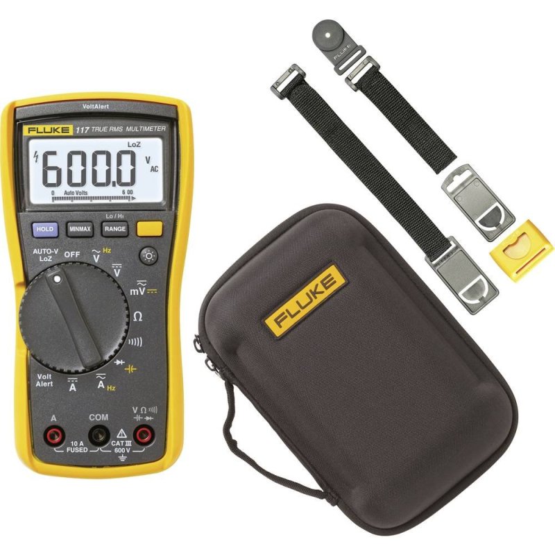 Fluke 117/C11XT/TPAK digitálny multimeter s gumovým ochranným puzdrom, displej 6000 číslic, meranie napätia do 600 V a prúdu do 10 A
