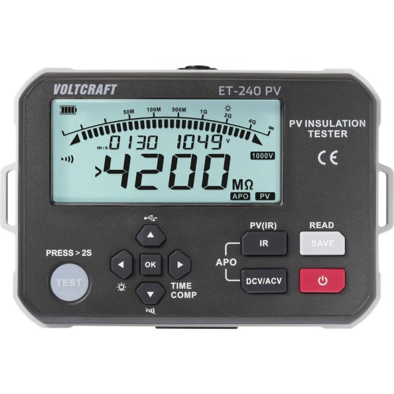 Voltcraft ET-240 PV tester izolačního odporu pro fotovoltaické systémy s LCD displejem a měřicími vodiči