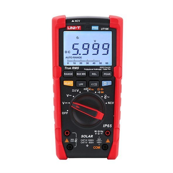 UNI-T UT196 solárny multimeter PRO s LCD displejom, testovacími kábľami a batériou 9V, certifikovaný IP65 pre fotovoltaiku a veterné elektrárne