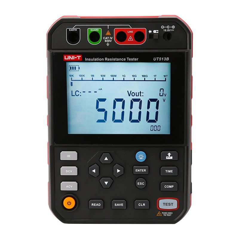 UNI-T UT513B digitálny vysokonapäťový tester izolačného odporu 5 kV s testovacími kábľami a batériou