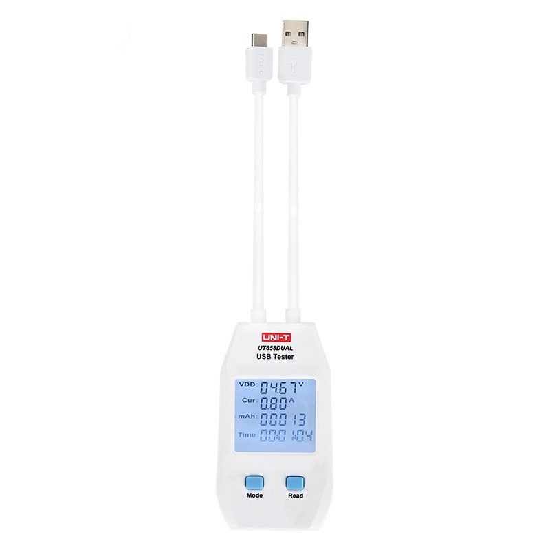 UNI-T UT658DUAL USB tester s dvoma portami USB-A a USB-C na meranie napätia, prúdu a kapacity nabíjačiek