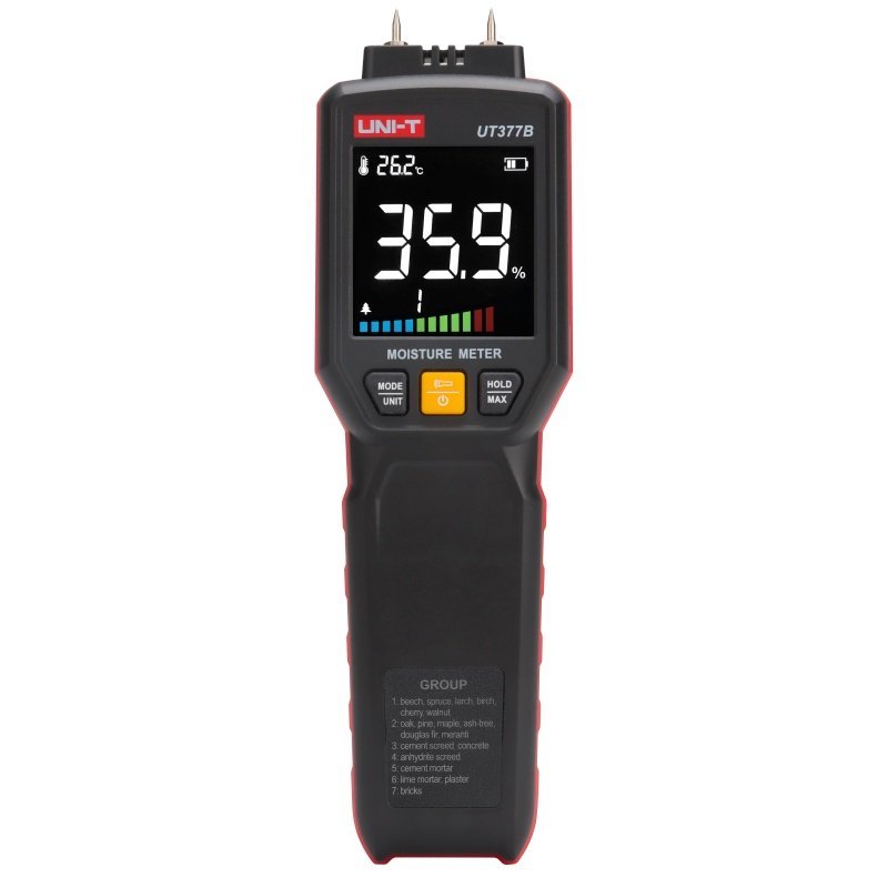 UNI-T UT377B měřič vlhkosti s kolíky, LCD displej, LED svítilna, pro dřevo a stavební materiály