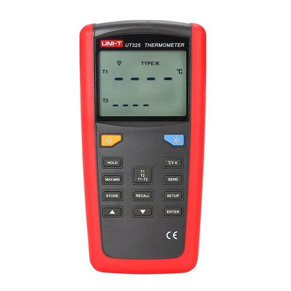 UNI-T UT325 digitální teploměr se dvěma LCD displeji, červeno-šedý, s termočlánkem typu K