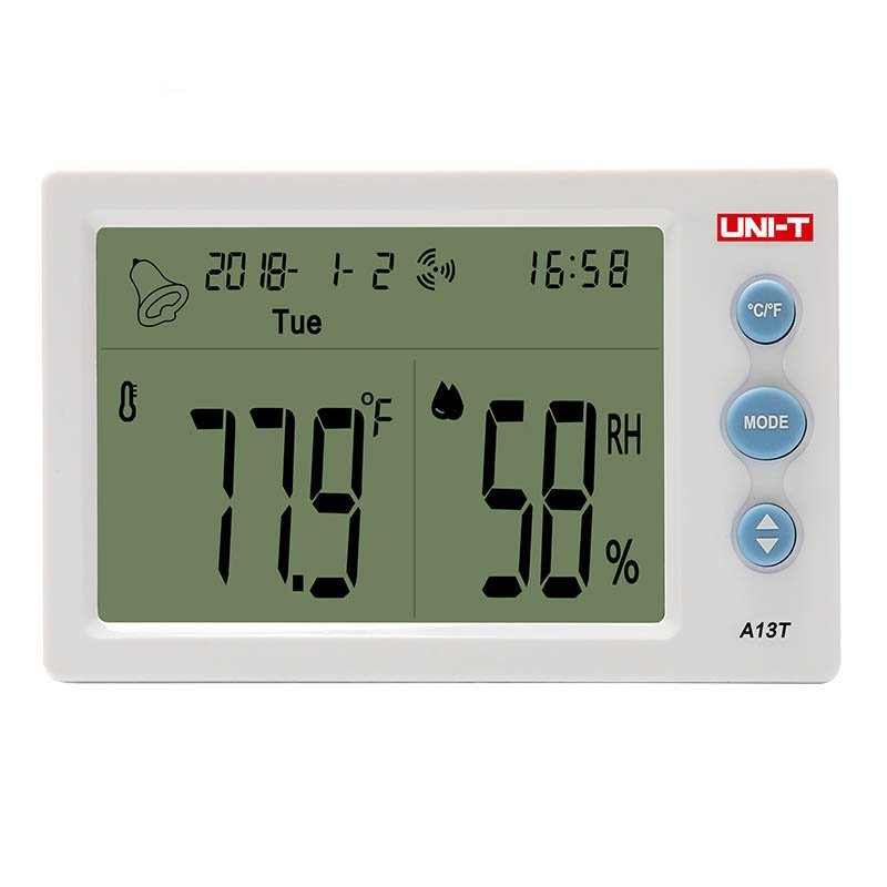 UNI-T A13T digitální teploměr a vlhkoměr s LCD displejem, bílý, na stůl nebo na zeď