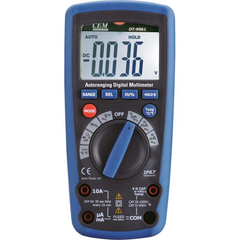 CEM DT-9961 digitální multimetr s displejem, testovacími kabely a teplotní sondou