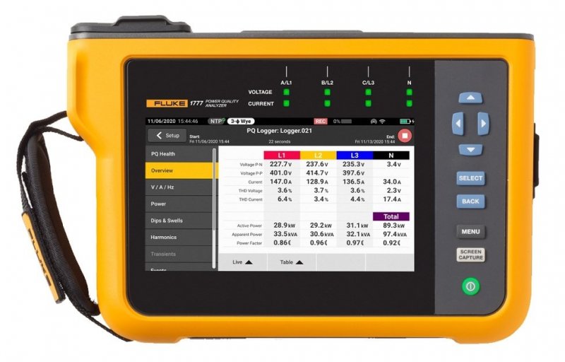 Fluke 1777 analyzátor kvality elektrické energie s dotykovým displejem, měřicími kabely a proudovými sondami