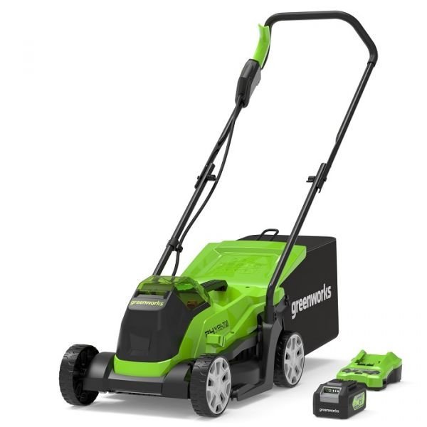 Greenworks 24V sekačka na trávu GD24LM33K4 s šířkou sečení 33 cm, baterií a nabíječkou
