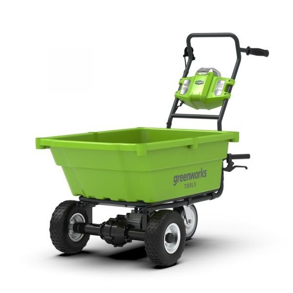Greenworks G40GC 40V zahradní trakař s tříkolovým designem a nakládací plošinou, hmotnost 32 kg