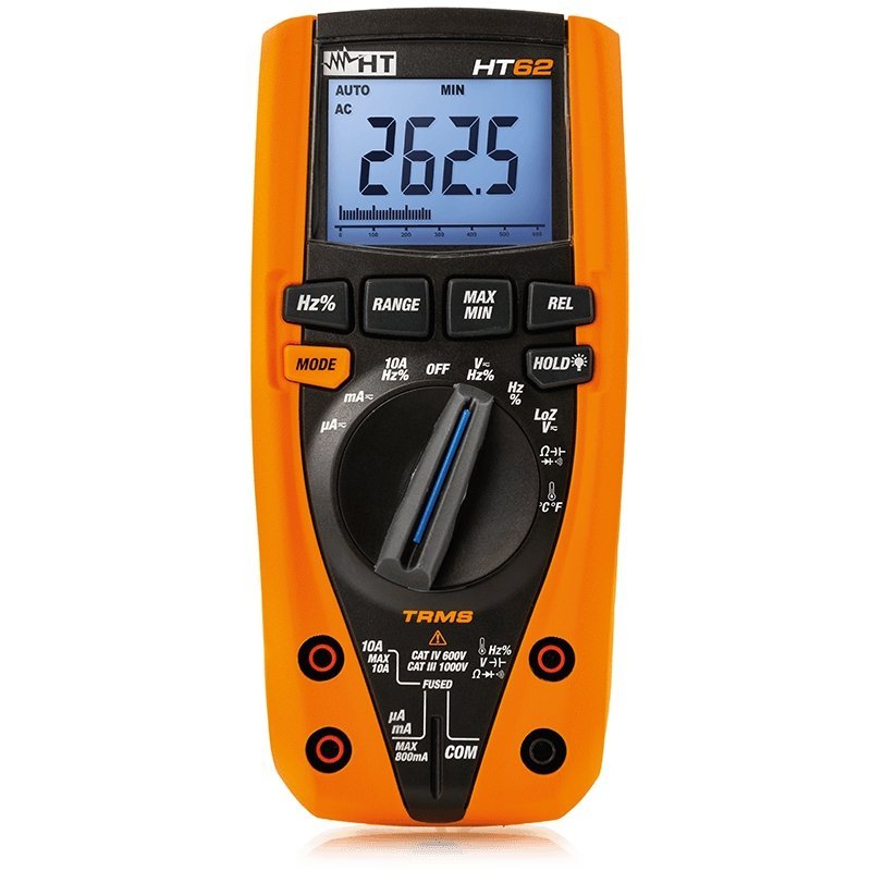 HT Instruments HT62 digitální TRMS multimetr s displejem, měřicími kabely a teplotním senzorem typu K