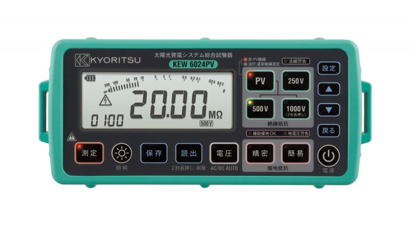 Kyoritsu KEW 6024 PV - miernik izolacji do systemów fotowoltaicznych z wyświetlaczem cyfrowym, przyciskami sterowania i złączami pomiarowymi