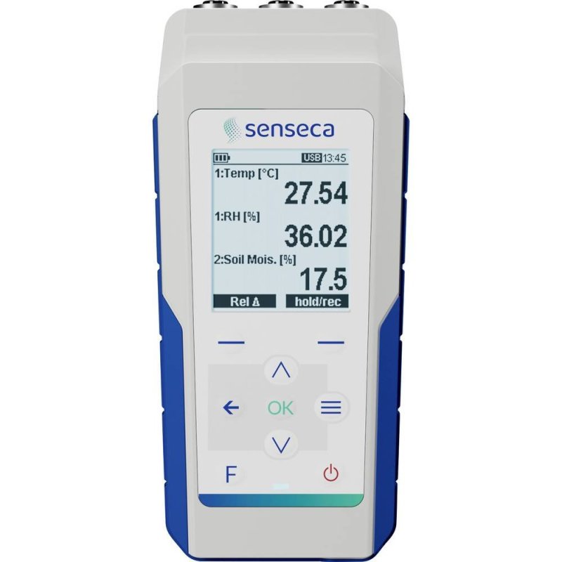 Senseca PRO D05.3 ruční datový logger s 3 vstupy M12, podsvícený LCD displej, skládací opěrka