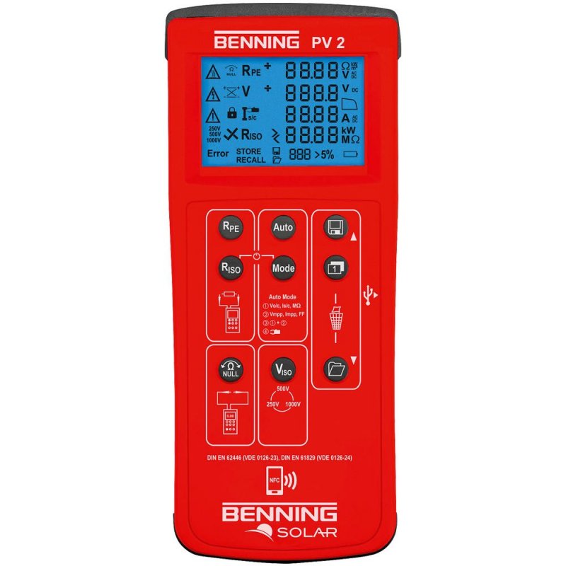 Benning PV 2 tester fotovoltaických systémů s LCD displejem a konektory MC4 pro měření solárních panelů