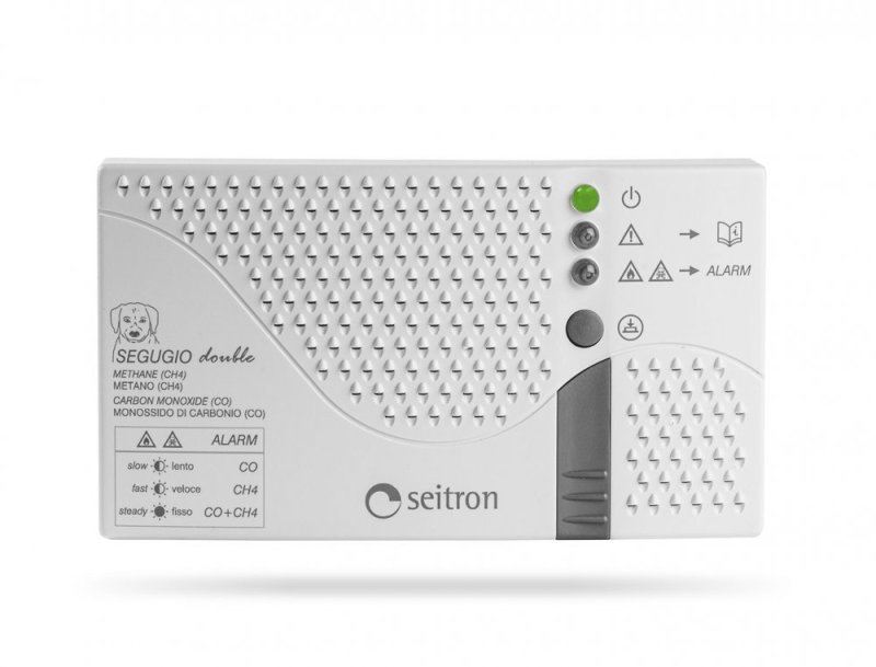 Seitron SEGUGIO DOUBLE - kombinovaný detektor zemného plynu CH4 a oxidu uhoľnatého CO s dvoma senzormi a relé výstupmi