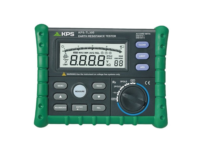 KPS TL300 tester zemného odporu s podsvietením displeja, stĺpcovým grafom a testovacími vodičmi