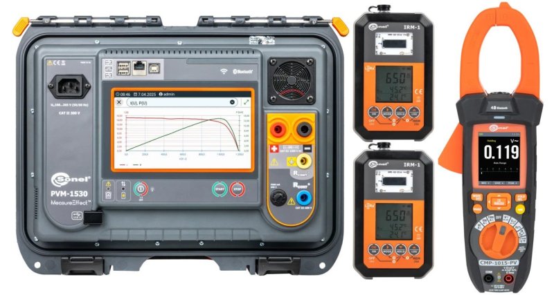 Sonel PVM-1530 Max tester fotovoltaických instalací s měřičem slunečního záření IRM-1 a klešťovým měřičem